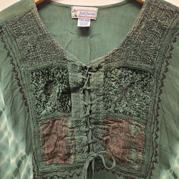 Just Cruising Tie Dye Ombre Tunic Dress "Free Size" Turquoise Embroidered Boho - Picture 3 of 10